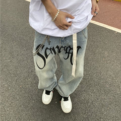 Men Jeans Bell-Bottom Pants Loose Straight Letter Vintage Print Jeans