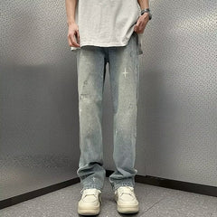 Men Jeans Washed Jeans Men's Summer Loose Retro Hiphop Straight-Leg Pants
