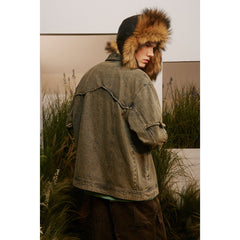 Unisex Jacket Vintage 3D Cutting Washed Denim Jacket Men and Women Baggy Coat