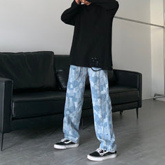Men Jeans Straight Wide-Leg Pants Casual Loose Hip Hop Washed Denim Trousers