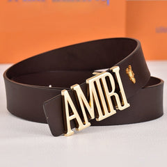 Amiri Belt dark brown plain texture Golden deer logo