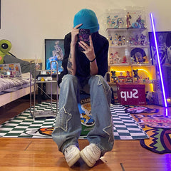 Men Jeans Hip Hop Five-Pointed Star Patch Embroidered Jeans