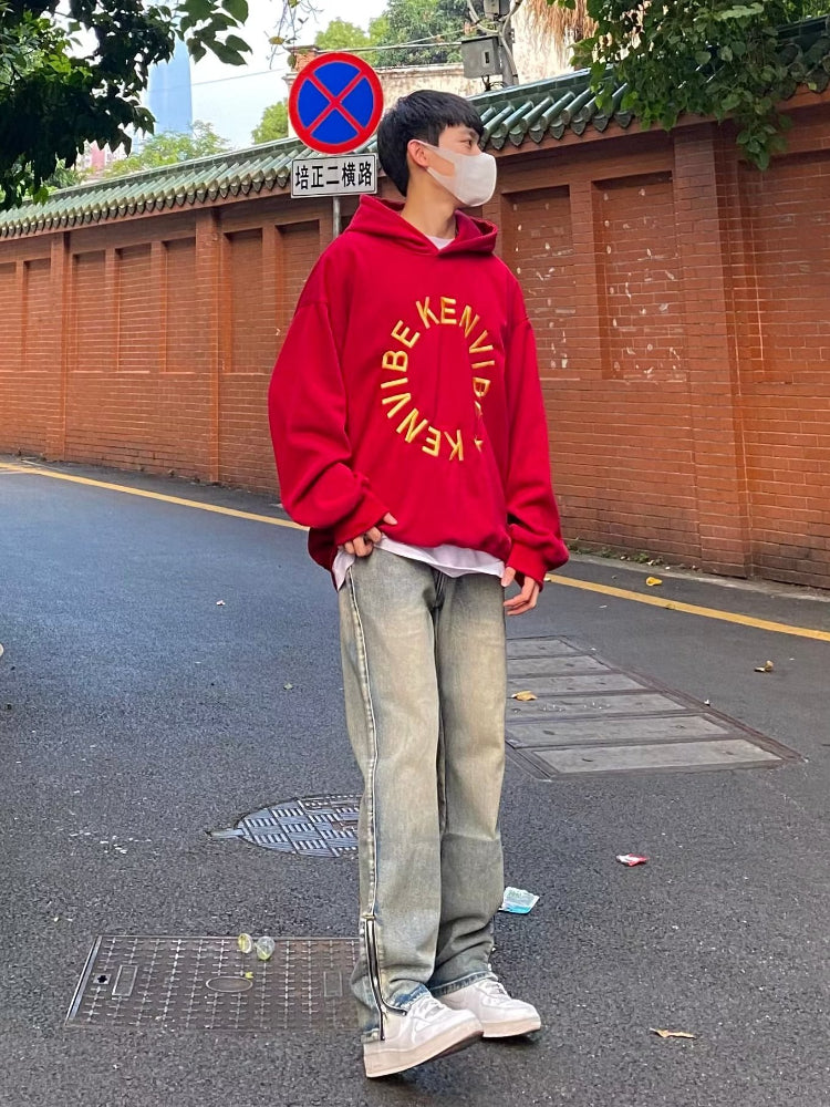 Men Jeans Washed Zipper Jeans Spring and Autumn Vintage Casual Loose Trousers