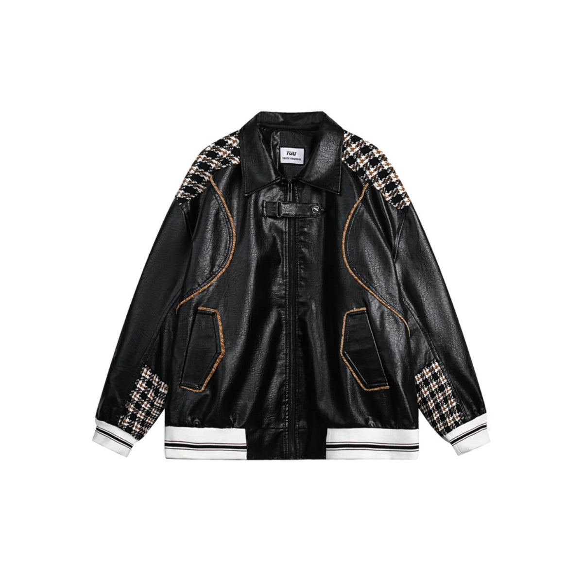 Unisex Jacket Retro Patchwork Plaid Motorcycle Jacket PU Leather Jacket
