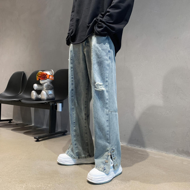 Men Jeans Ripped Jeans Men's Summer Letter Embroidery Slit Loose Straight Casual Trousers