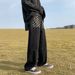 Men Jeans Retro Wide-Leg Pants Chessboard Plaid Jeans