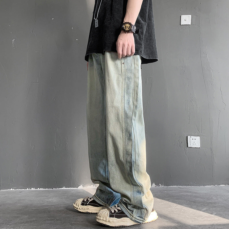 Men Jeans Retro Patchwork Jeans Men's Summer Straight-Leg Trousers