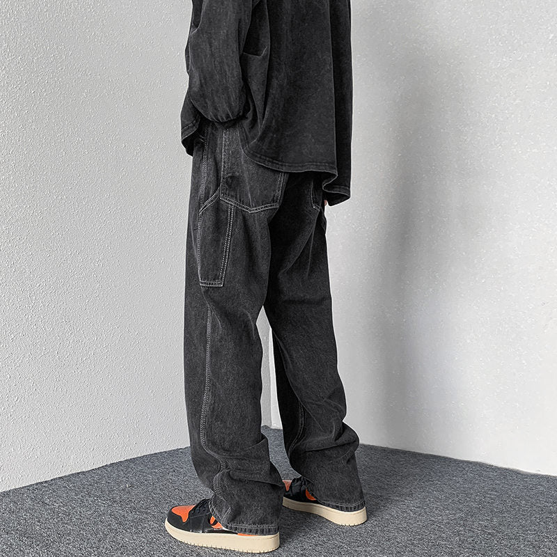 Men Jeans Vintage Hiphop Jeans Loose Straight Cargo Trousers Spring-Autumn Wide-Leg Pants