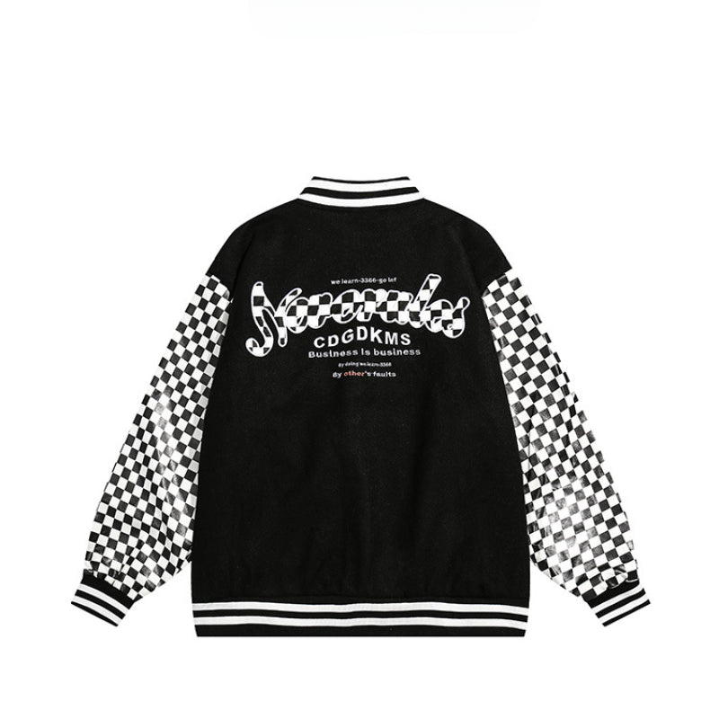 Unisex Jacket Checkerboard PU Leather Baseball Uniform Embroidered Baseball Jacket Jacket