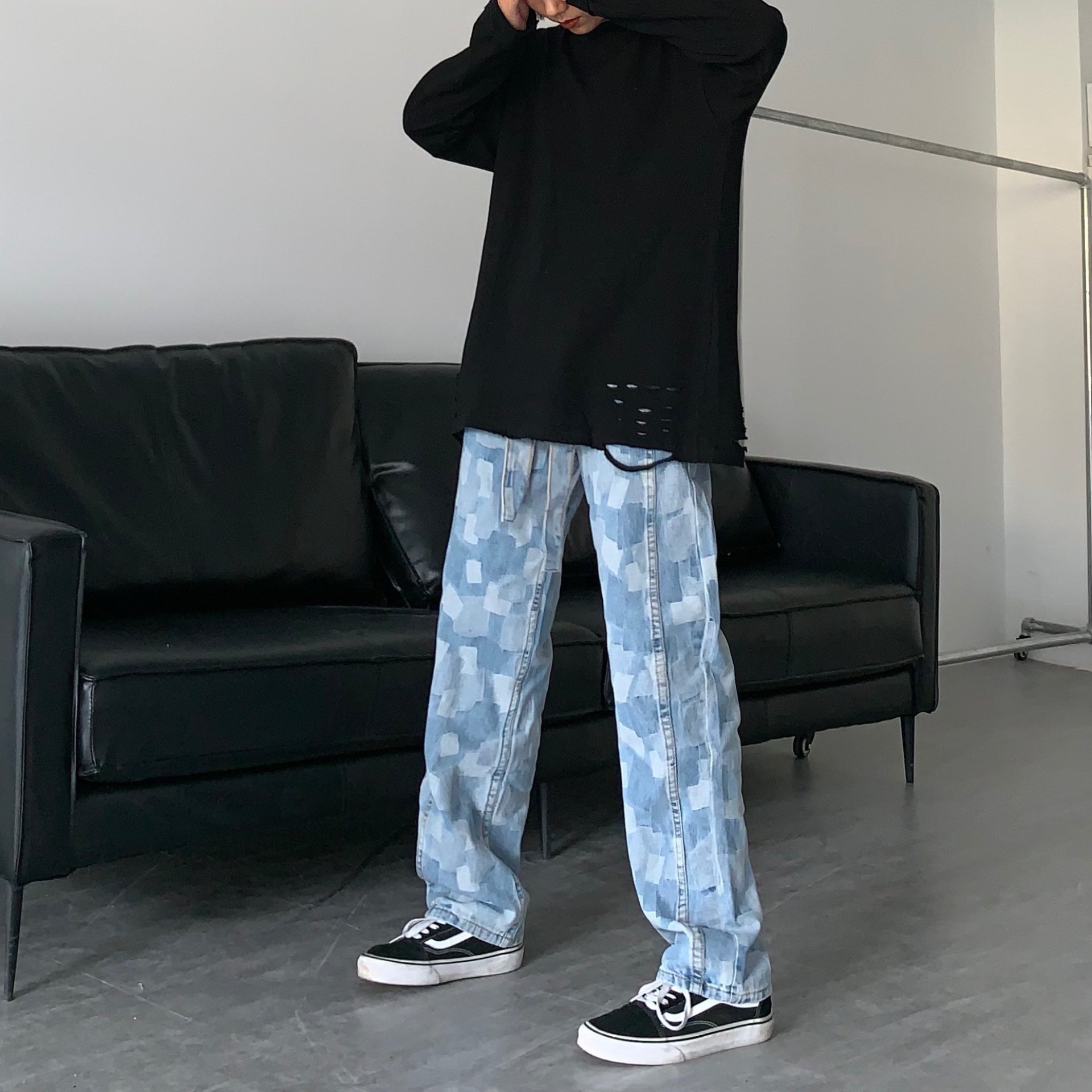 Men Jeans Straight Wide-Leg Pants Casual Loose Washed-out Denim Trousers