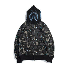 Bathing Ape Hoodie Starry Sky Sweater Black and White Starry Sky Blue Shark Hat Printed Casual Hooded Sweater