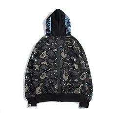 Bathing Ape Hoodie Starry Sky Sweater Black and White Starry Sky Blue Shark Hat Printed Casual Hooded Sweater