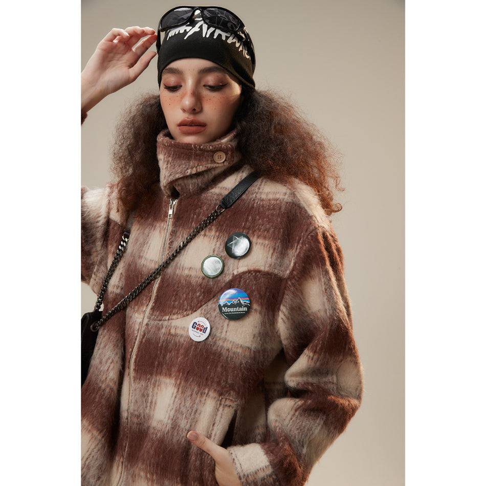 Unisex Jacket Vintage Plaid Loose Stand Collar Jacket Spring and Autumn Coat