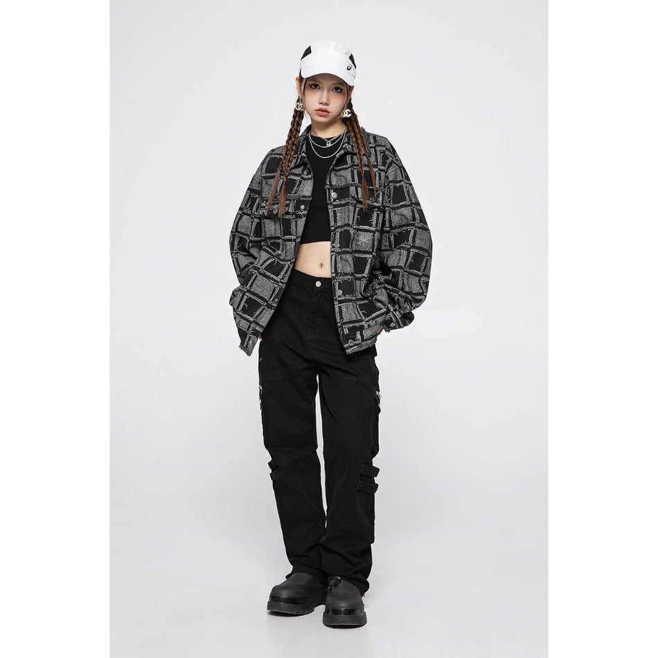 Unisex Jacket Vintage Plaid Denim Jacket for Men and Women Baggy Coat