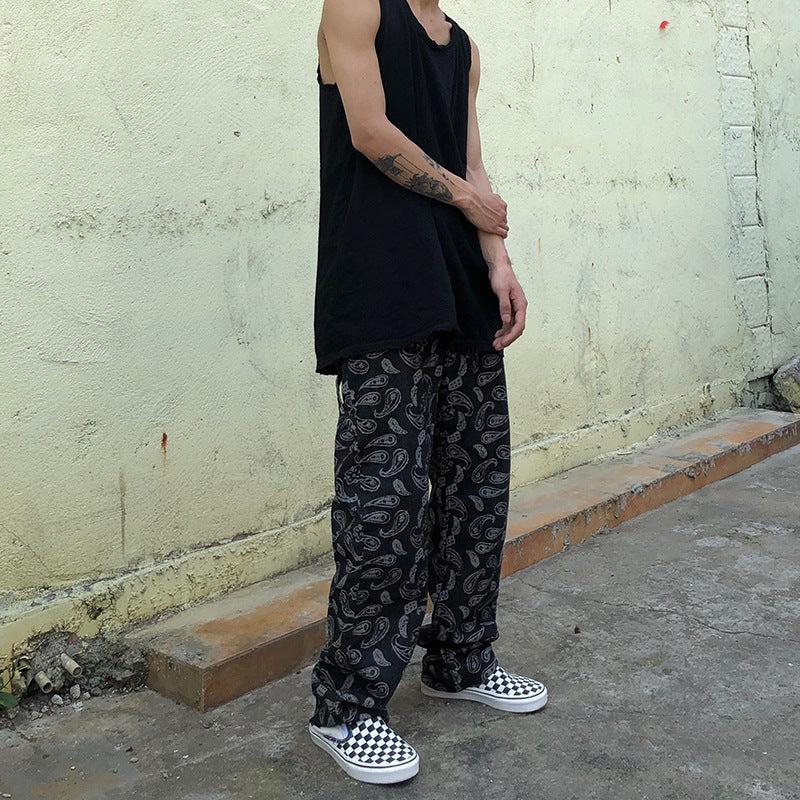 Men Jeans Embroidered Paisley Jeans Loose Retro Trousers