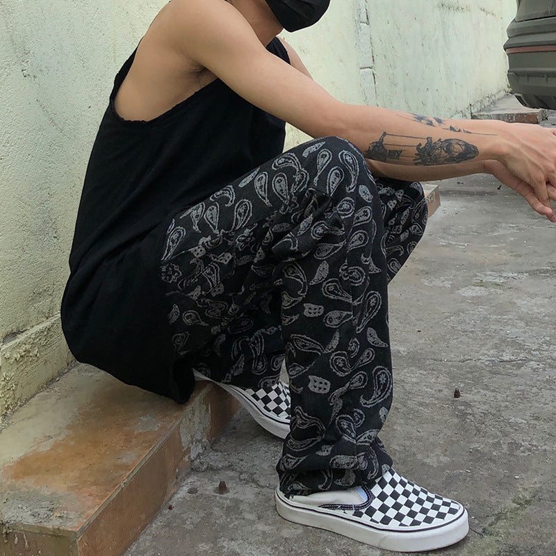 Men Jeans Embroidered Paisley Jeans Loose Retro Trousers