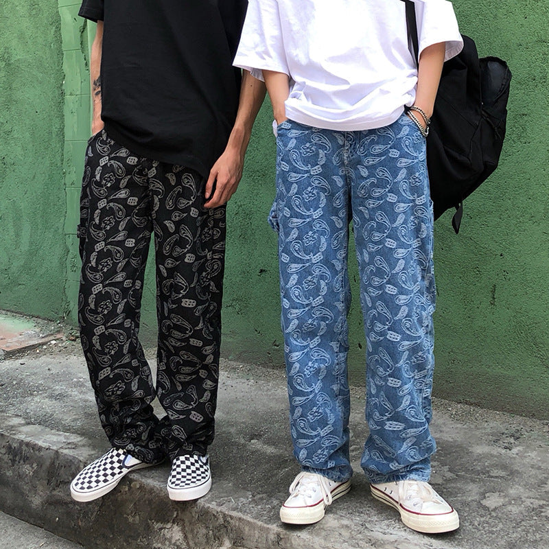 Men Jeans Embroidered Paisley Jeans Loose Retro Trousers