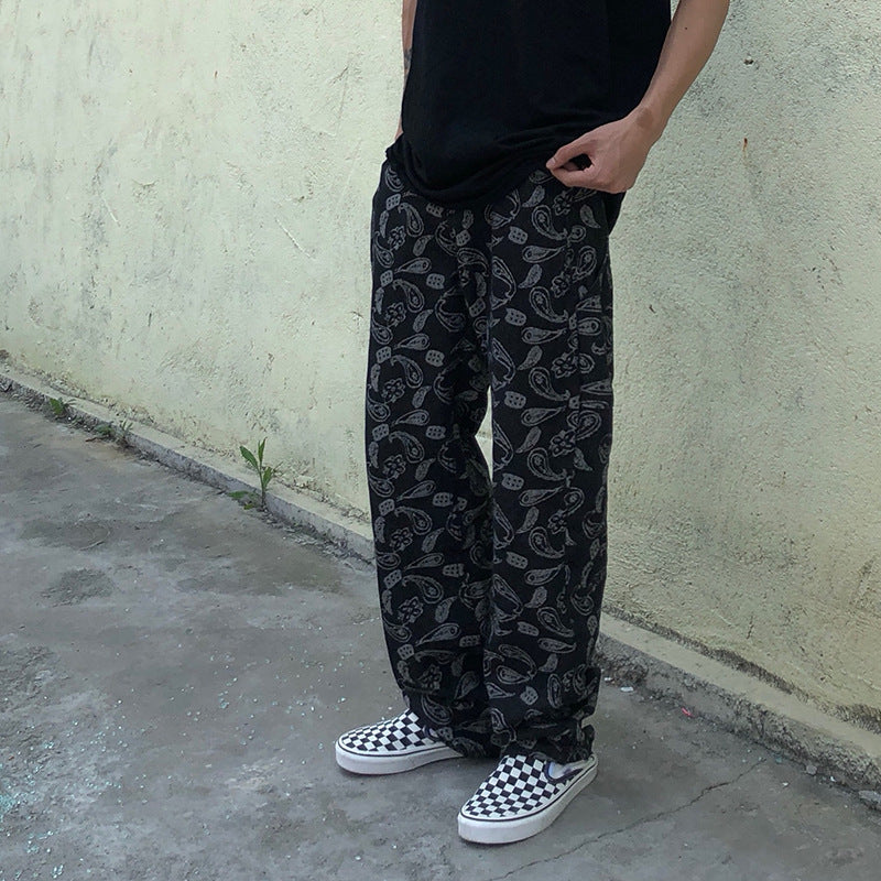 Men Jeans Embroidered Paisley Jeans Loose Retro Trousers