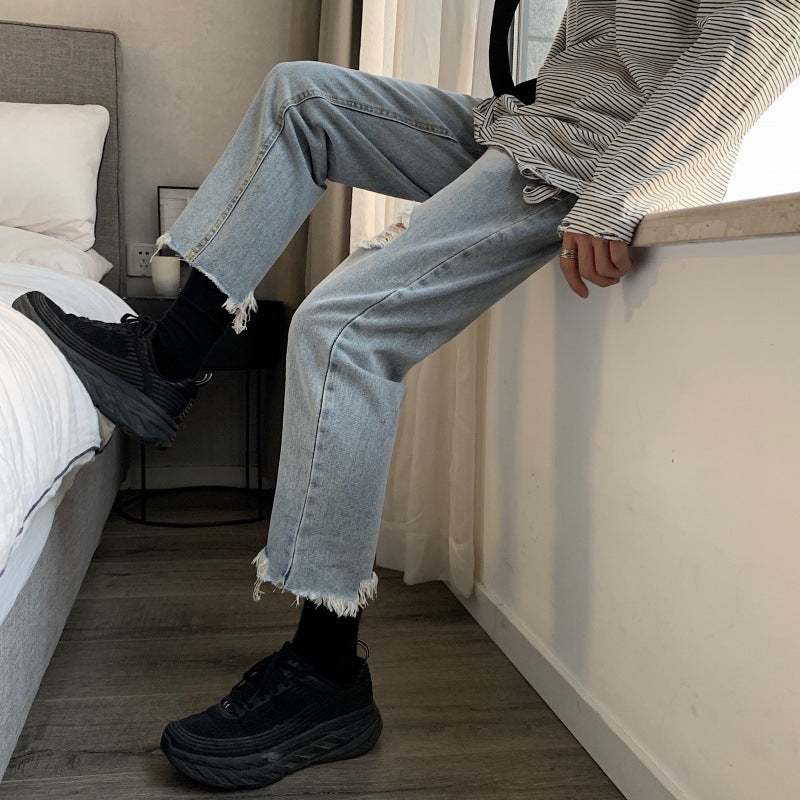 Men Jeans Spring/Summer Ripped Jeans Baggy Straight Trousers