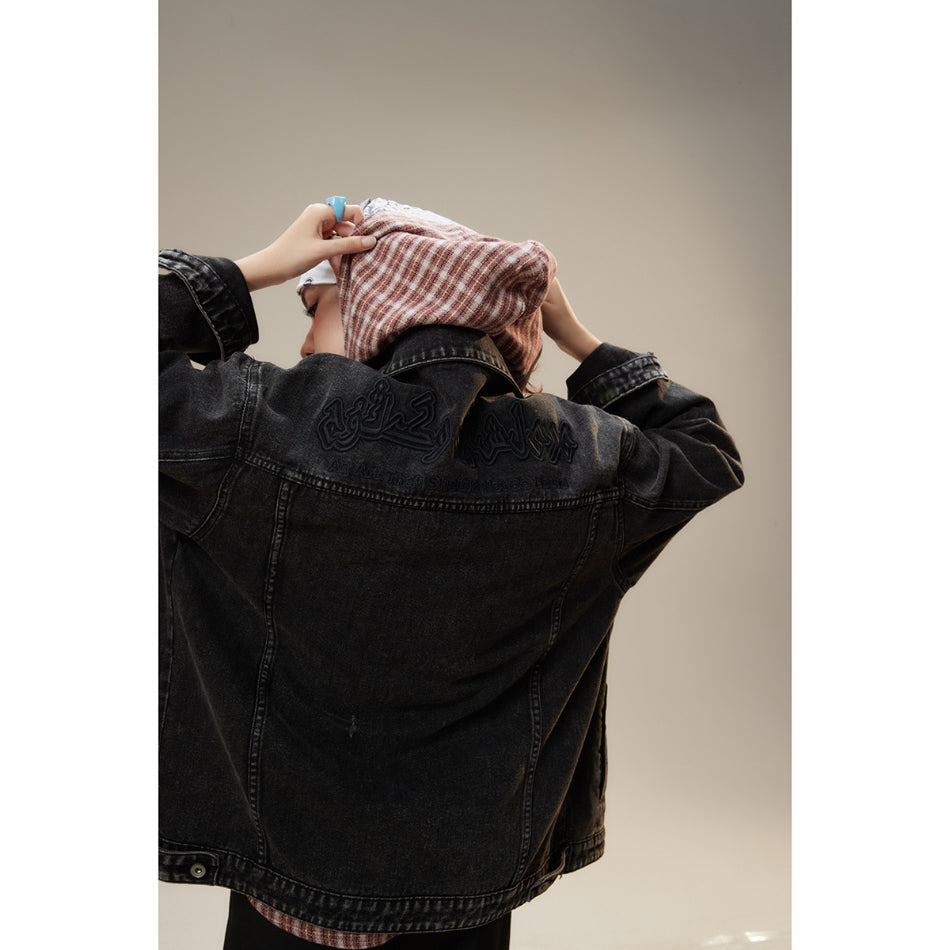 Unisex Jacket Black Denim Jacket Men and Women Lapel Loose Overalls