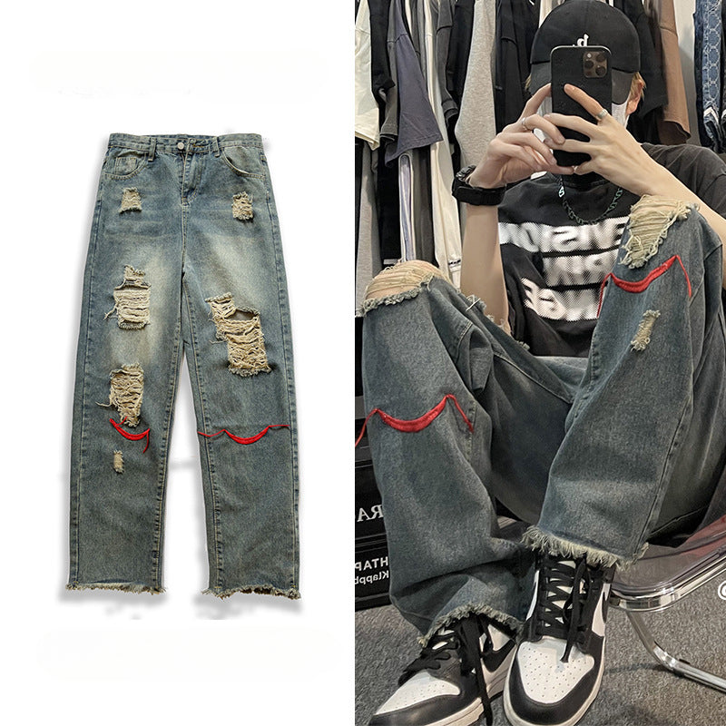 Men Jeans Ripped Jeans Men's Summer Retro Hip Hop Straight-Leg Trousers