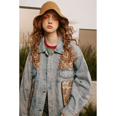 Unisex Jacket Vintage Paisley Stitching Washed Denim Jacket