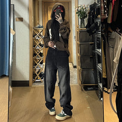 Men Jeans Black Ripped Jeans Men's Autumn Loose Straight Wide-Leg Pants