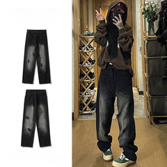 Men Jeans Black Ripped Jeans Men's Autumn Loose Straight Wide-Leg Pants