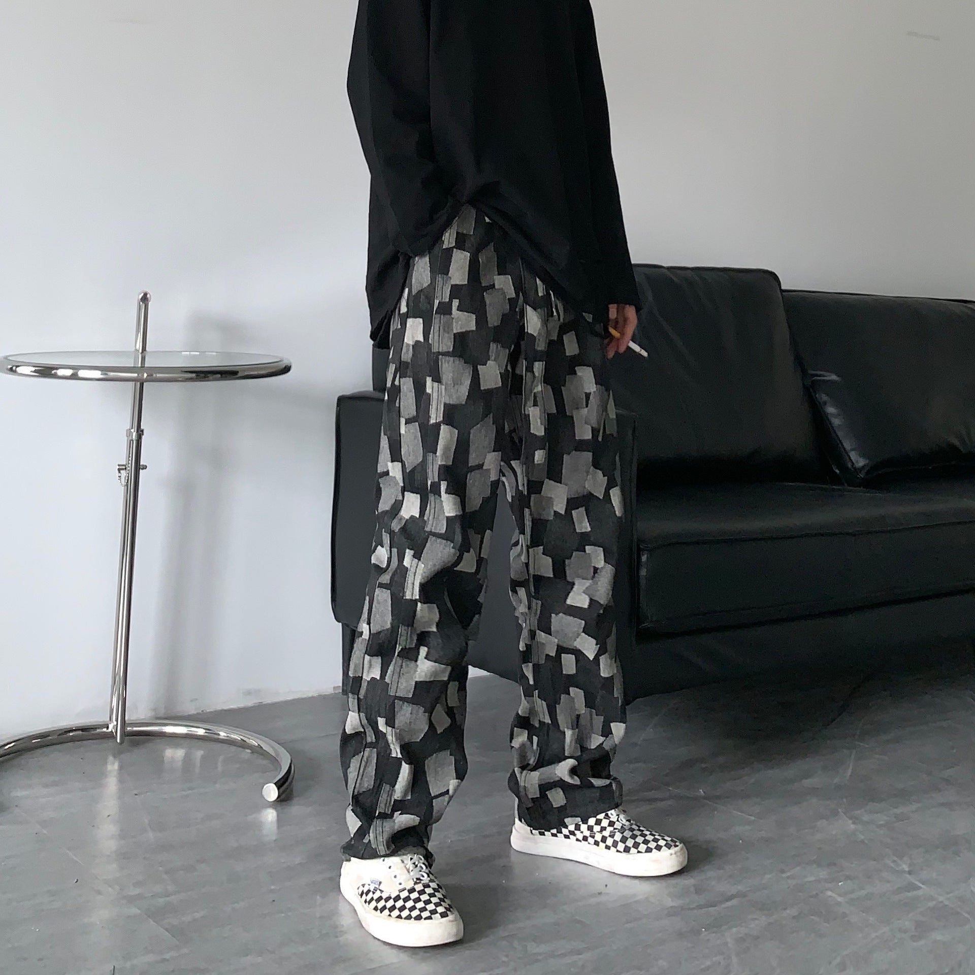 Men Jeans Straight Wide-Leg Pants Casual Loose Hip Hop Washed Denim Trousers