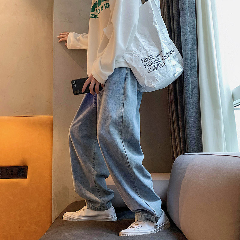 Men Jeans Loose Solid Color Straight-Leg Pants Trousers