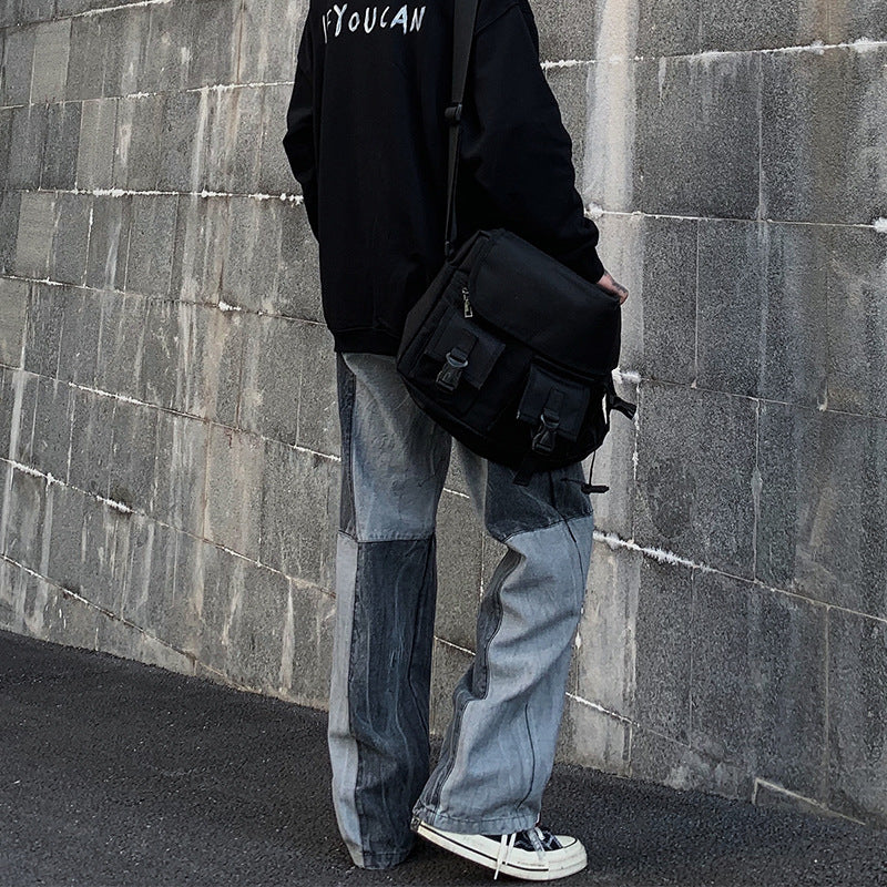Men Jeans Washed Old Baggy Straight Trousers Tie-Dye Denim Trousers