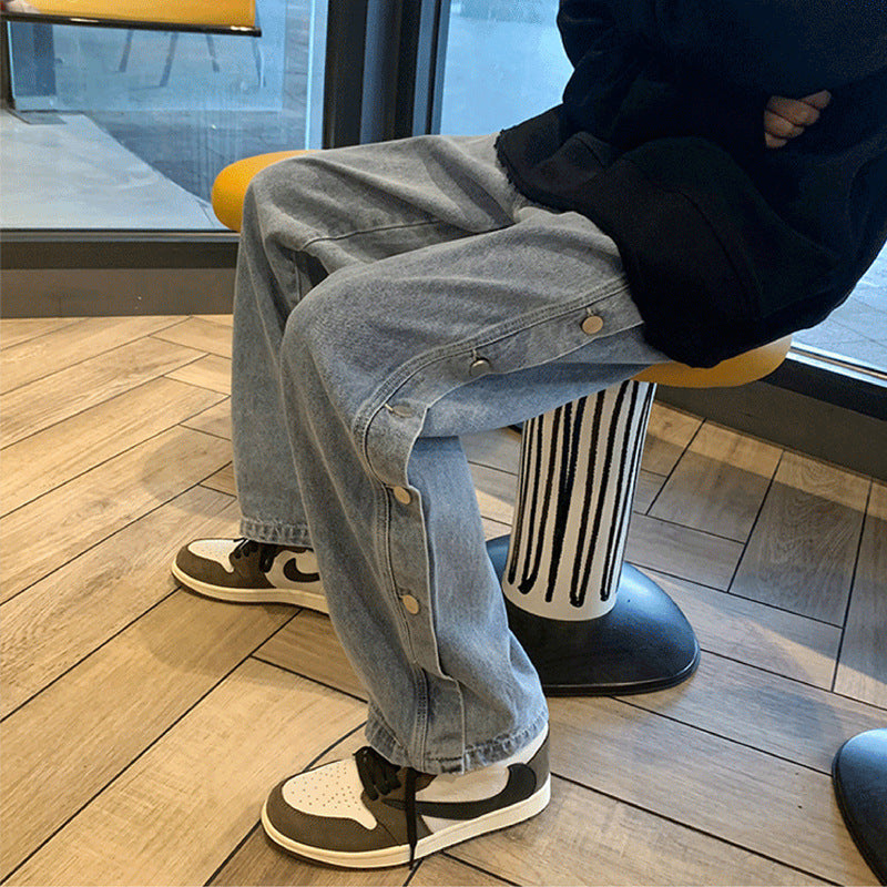 Men Jeans Loose Hong Kong Style Breasted Denim Trousers Straight Wide Leg Pants