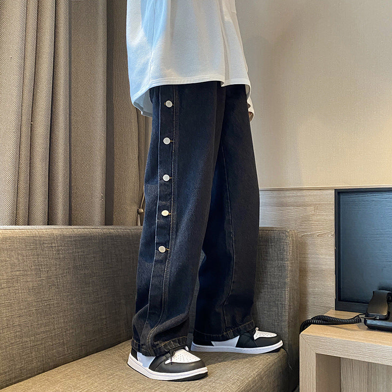 Men Jeans Loose Hong Kong Style Breasted Denim Trousers Straight Wide Leg Pants
