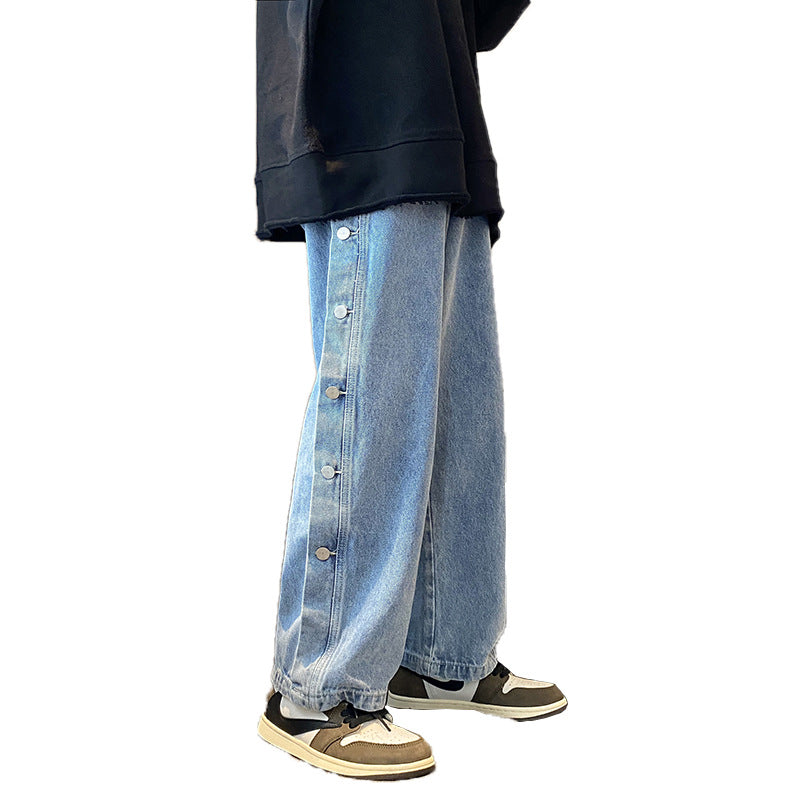 Men Jeans Loose Hong Kong Style Breasted Denim Trousers Straight Wide Leg Pants