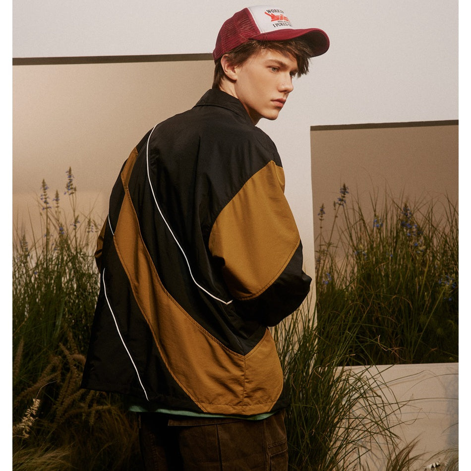 Unisex Jacket Spring and Autumn Retro Patchwork Contrast Color Stand-up Collar Coat