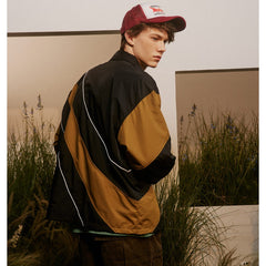 Unisex Jacket Spring and Autumn Retro Patchwork Contrast Color Stand-up Collar Coat