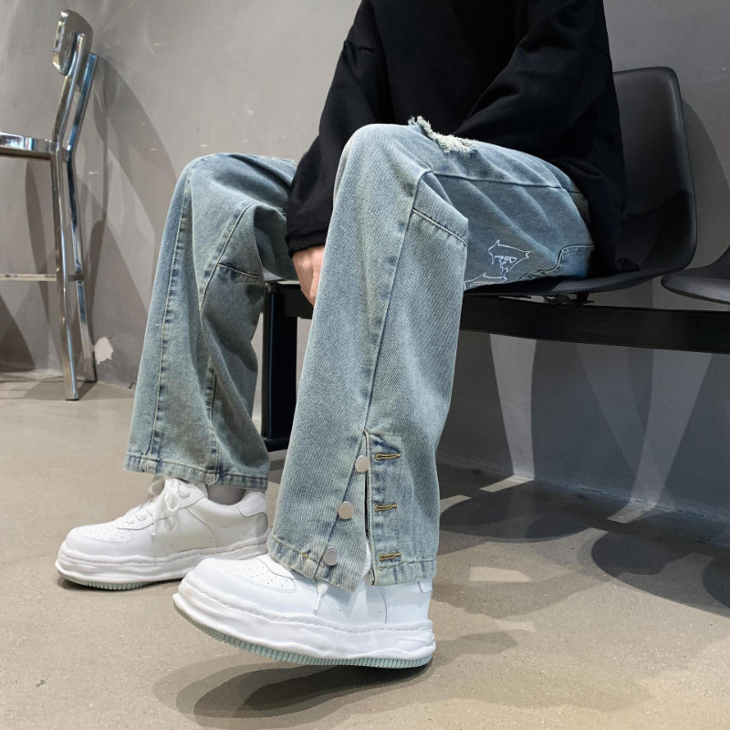 Men Jeans Ripped Jeans Men's Summer Letter Embroidery Slit Loose Straight Casual Trousers