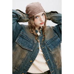 Unisex Jacket Denim Men's and Women's Washed Distressed Retro Workwear Stand Collar Jacket