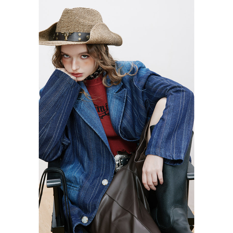 Unisex Jacket Vintage Suit Collar Denim Coat Striped Jacket