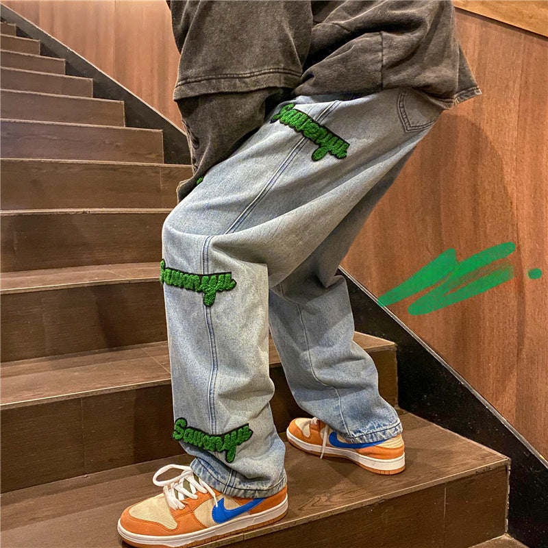 Men Jeans Flocking Embroidered Jeans Men's Spring and Autumn Loose Straight-Leg Wide-Leg Pants