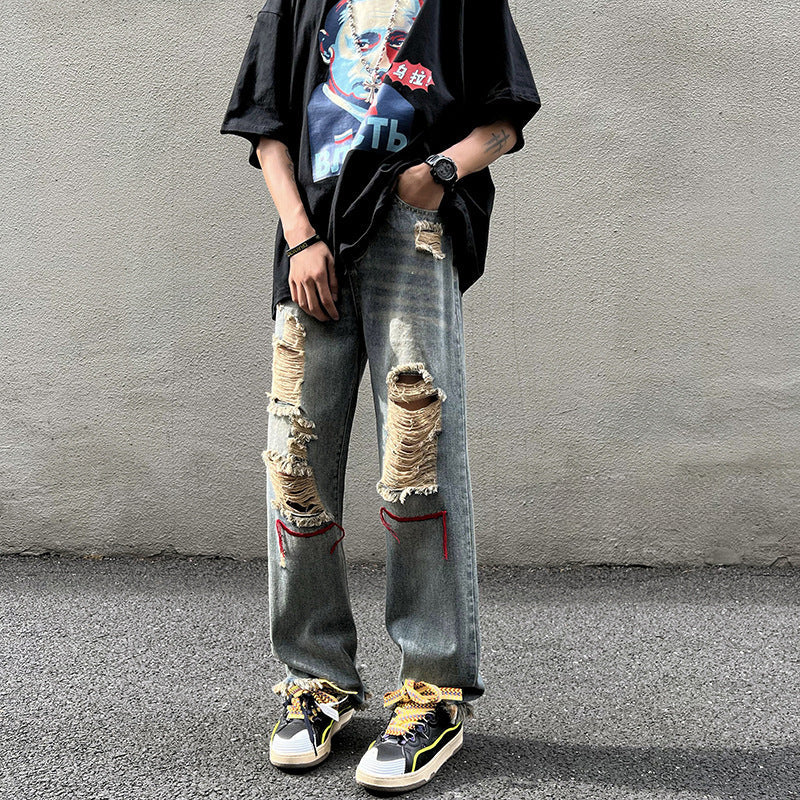 Men Jeans Ripped Jeans Men's Summer Retro Hiphop Wide Leg Pants