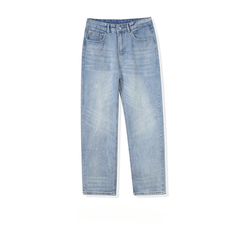 Men Jeans Spring Washed Casual Pants Distressed Straight Wide Leg Pants