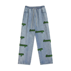Men Jeans Flocking Embroidered Jeans Men's Spring and Autumn Loose Straight-Leg Wide-Leg Pants