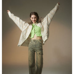 Unisex Jacket Spring and Autumn Retro Reversible Jacket Men's and Women's Loose Lapel Plaid Jacket