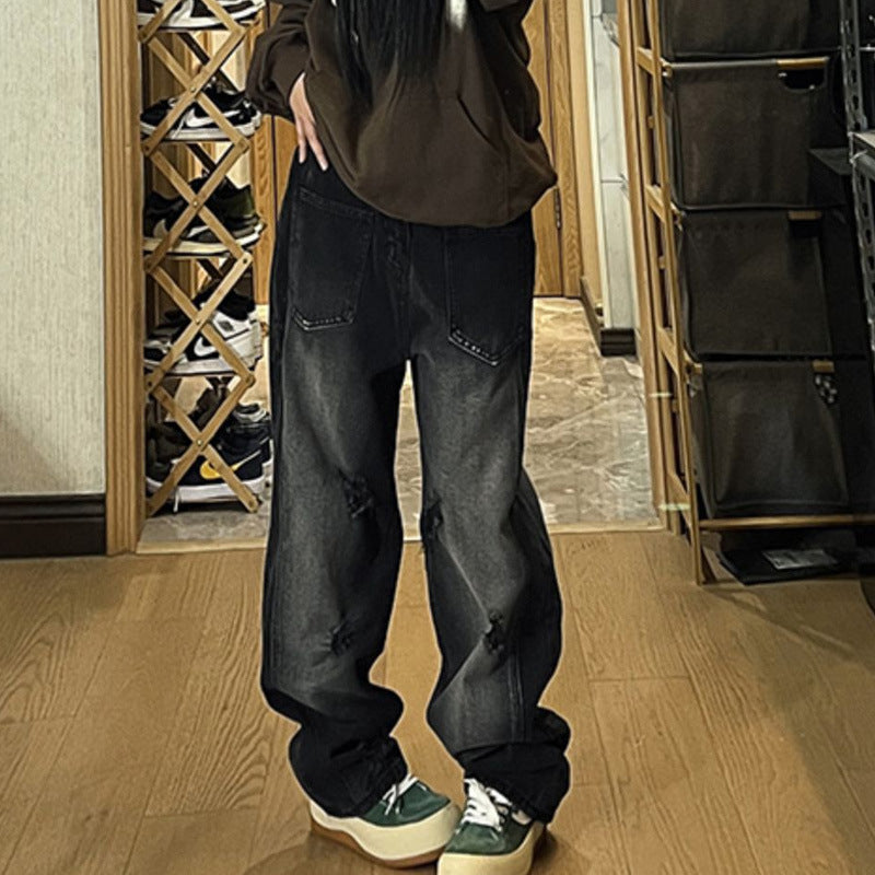 Men Jeans Black Ripped Jeans Men's Autumn Loose Straight Wide-Leg Pants