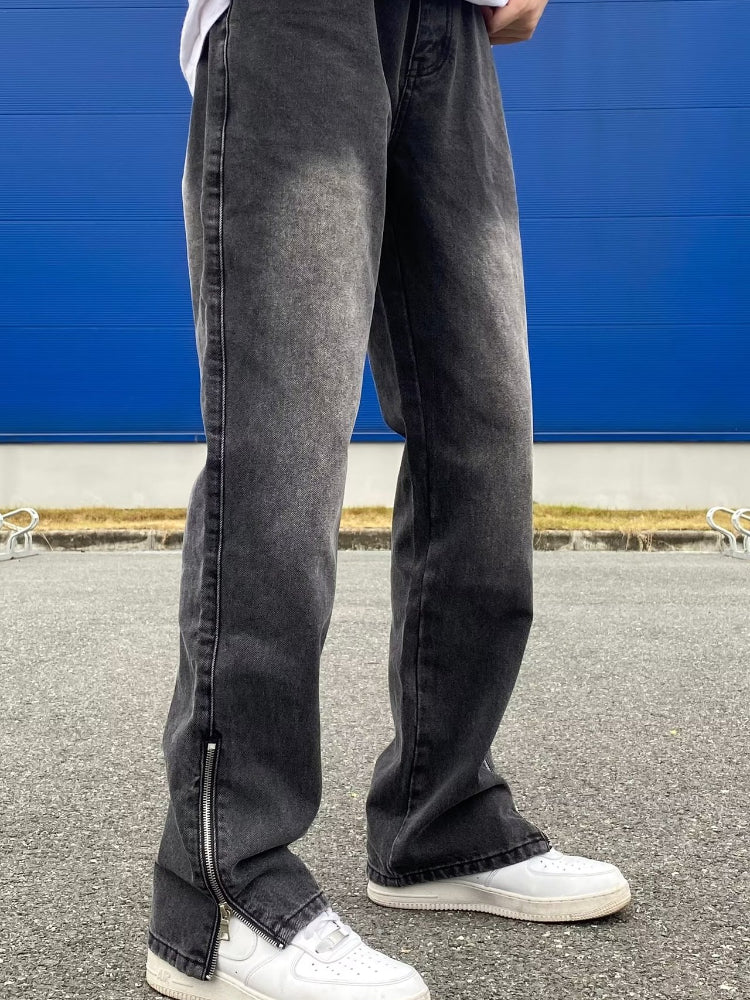 Men Jeans Washed Zipper Jeans Spring and Autumn Vintage Casual Loose Trousers
