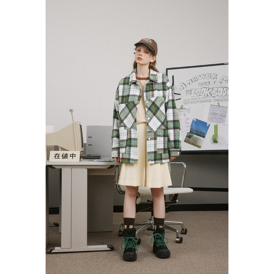 Unisex Jacket Polo Collar Jacket Men's and Women's Loose Plaid Jacket