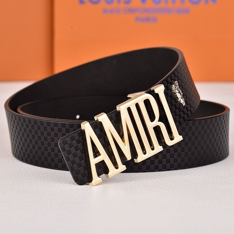 Amiri Belt black Small checkered pattern Golden deer logo