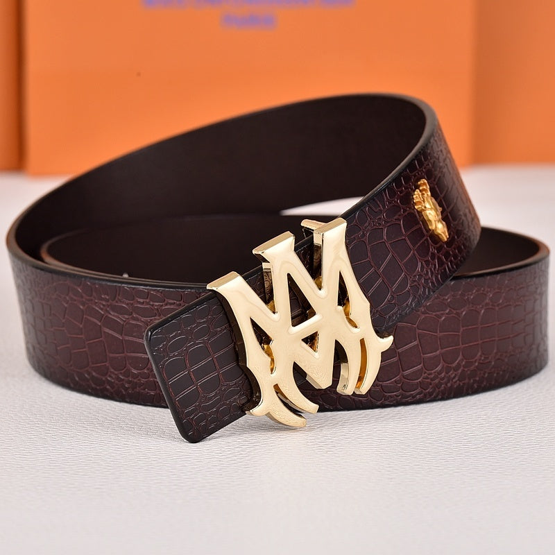Amiri Belt dark brown crocodile pattern Golden deer logo