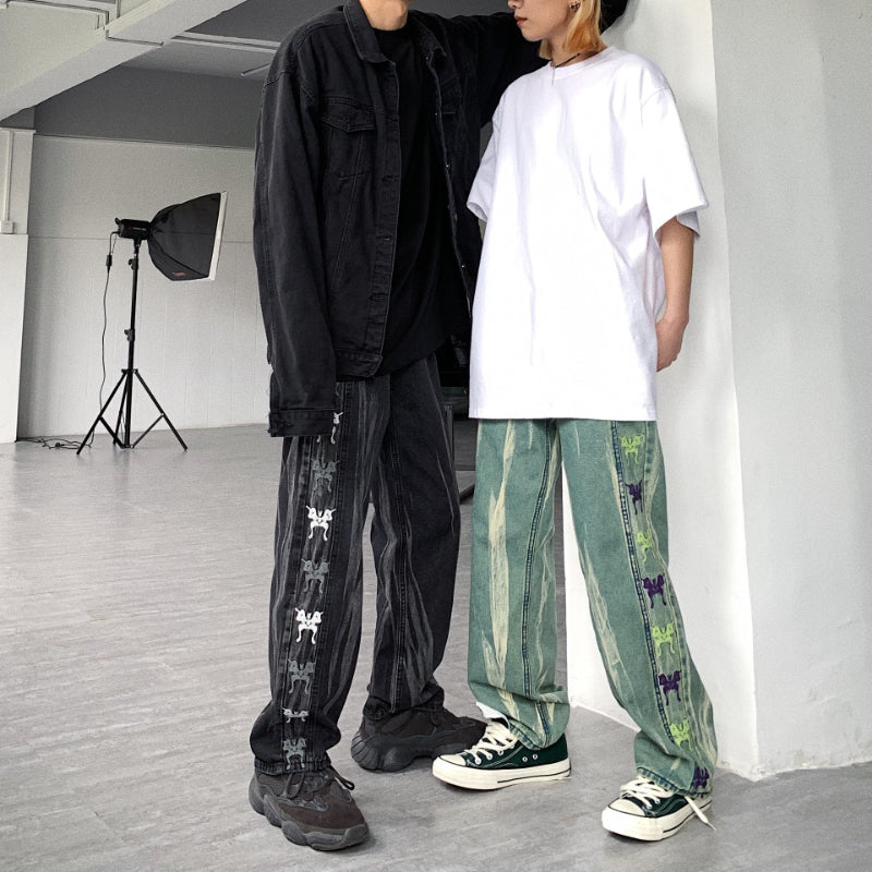 Men Jeans Retro Gradient Butterfly Embroidery Loose Washed-out Straight Wide Leg Pants